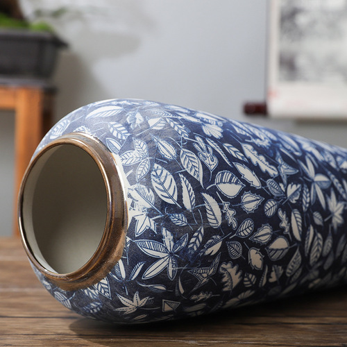 35CM Jingdezhen Ceramic Blue and White Vase Home Decoration Model Room Phnom Penh Flower Slim Tall Radish Handmade Vase