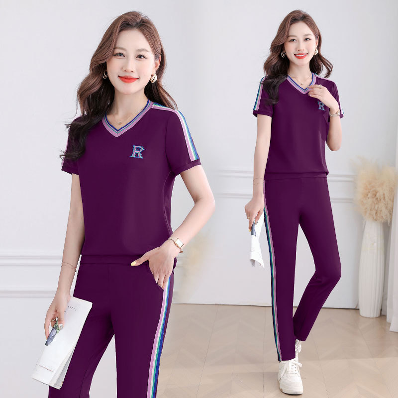 Summer New Pure Cotton Fashion Casual Sports Suit for Women, Color-Block V-Neck Stylish Mom Outfit with Straight-Leg Pants Two-Piece Set