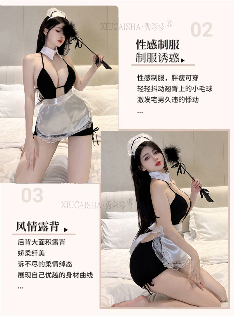Maid Roleplay Lingerie Set with Apron, Headpiece and Thong, See-Through Polyester Uniform — detail image 7