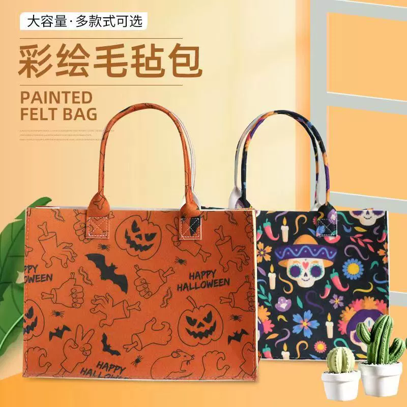 Сумка-тоут на Хэллоуин Универсальная открытая сумка через плечо Большая вместительная сумка-тоут для покупок Окрашенная тыквенная войлочная сумка