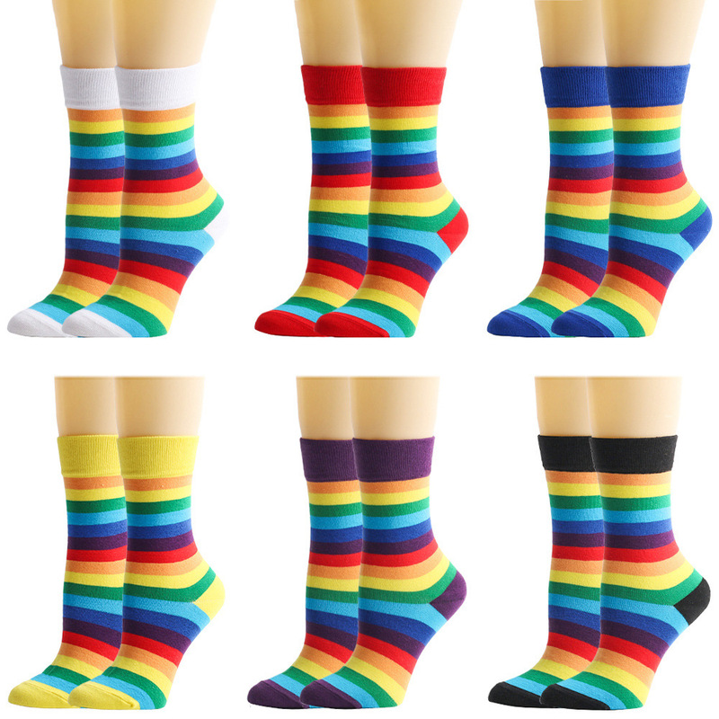 autumn and winter rainbow striped cotton socks for girls youth female mid length socks casual hiphop gogo dancers tide seven rainbow color striped socks for young man
