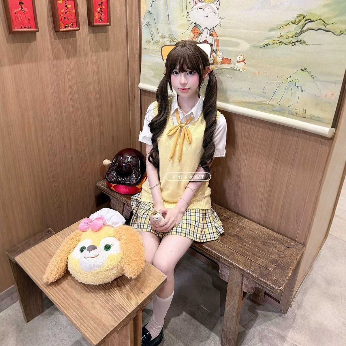 小杏中/日系原创jk制服春夏款学院风甜美针织马甲衬衫黄格裙套装