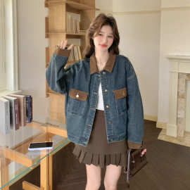 蓝色牛仔外套女装2026春季新款宽松复古拼接设计感灯芯绒翻领夹克
