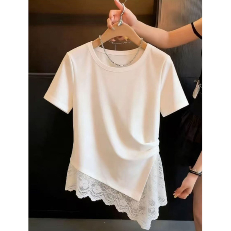 240g Pure Cotton Ribbed Fabric, 92% Cotton, 8% Spandex】Women's Short-Sleeve T-Shirt with Asymmetrical Hem and Lace Patchwork Design