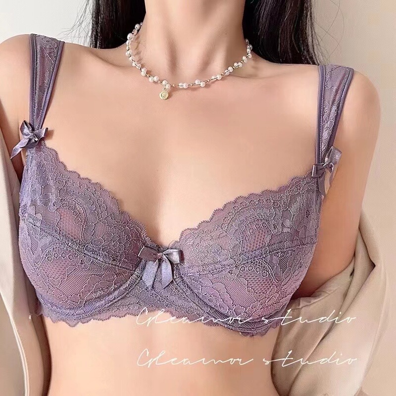 High Quality Purple Temptation French Lace Thin Bra Top Bra Pure Desire Transparent Bra Underwear suit Europe and America