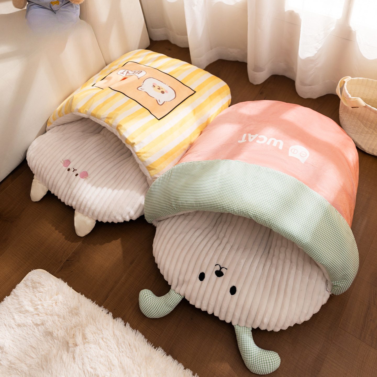 Cama de gato de mascota otoño e invierno dibujos animados tridimensionales gato bolsa de dormir semicirrada cama de gato cama de perro perforación agujero de cama cálida cama cama de perro