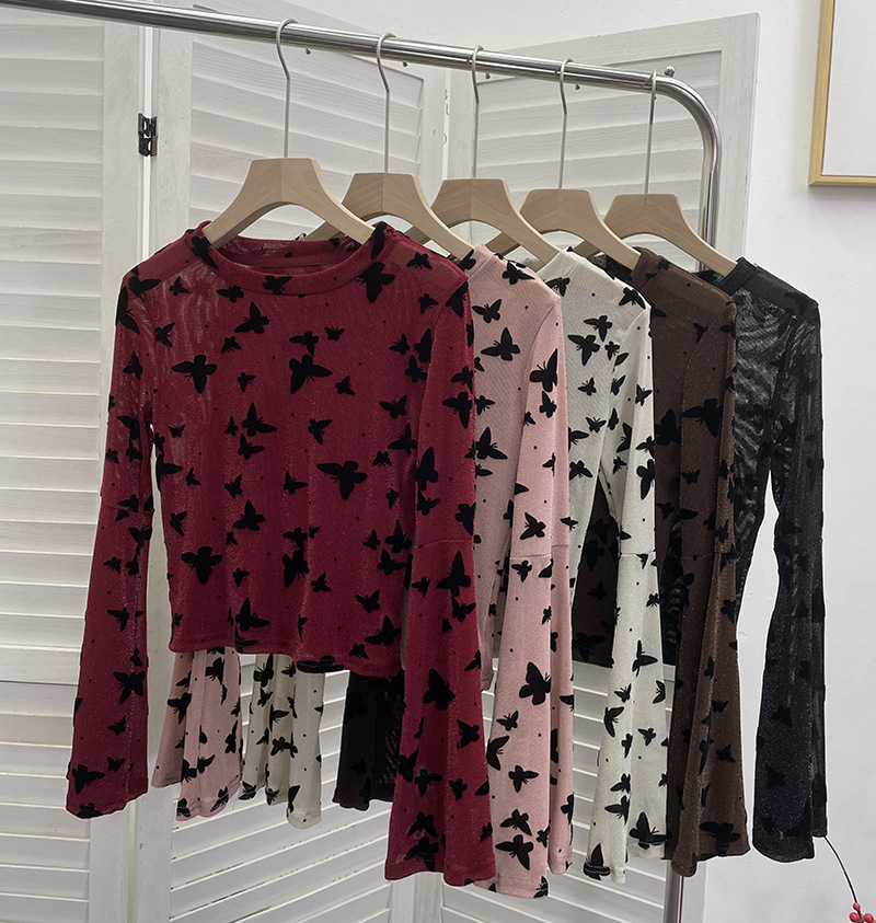 Sexy Butterfly Flocking Shiny Mesh Long Sleeve T shirt Large Bell Sleeve Short Slim Top