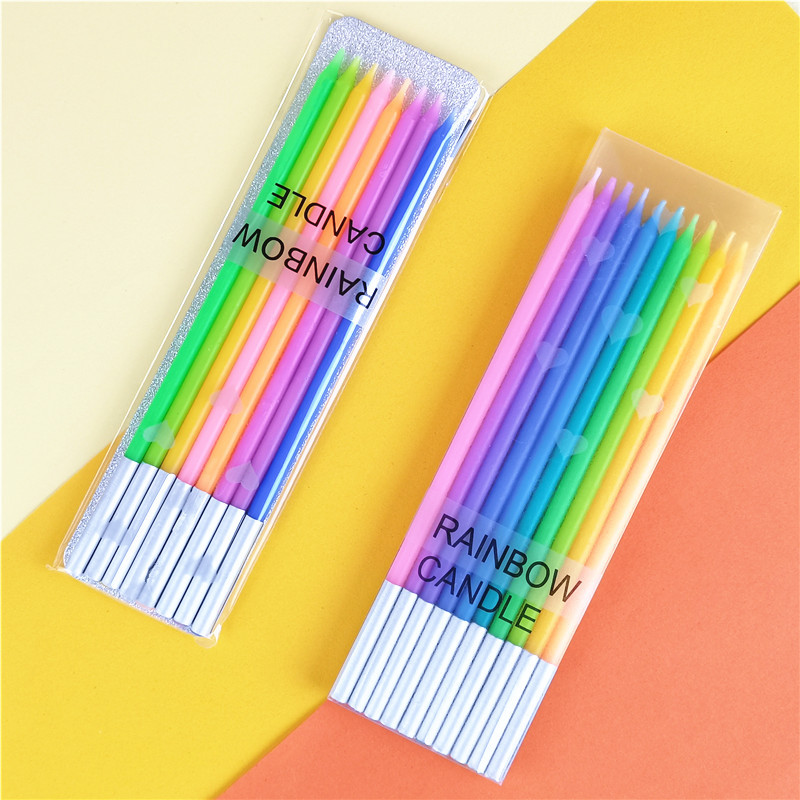 Al por mayor vela de cumpleaños creativo Arco Iris gradiente color barra larga vela de la torta de cumpleaños vela delgada