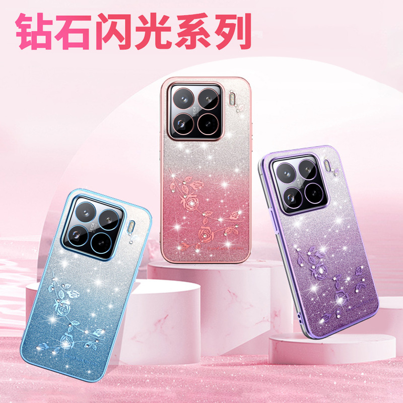 Xiaomi 15T、月季の花柄スマホケース、Redmi K80、ラインストーンメッキ、turbo4、グリッター保護ケース、Redmi A5に適用|undefined
