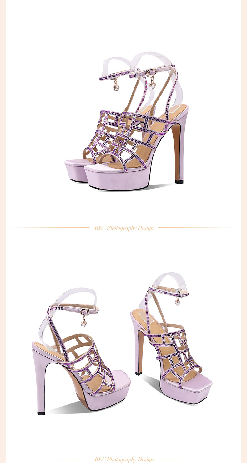 Sandal cao gót nữ hở mũi gót thô đính đá platform dây mảnh phong cách La Mã — Màu Sâm panh chi tiết 9