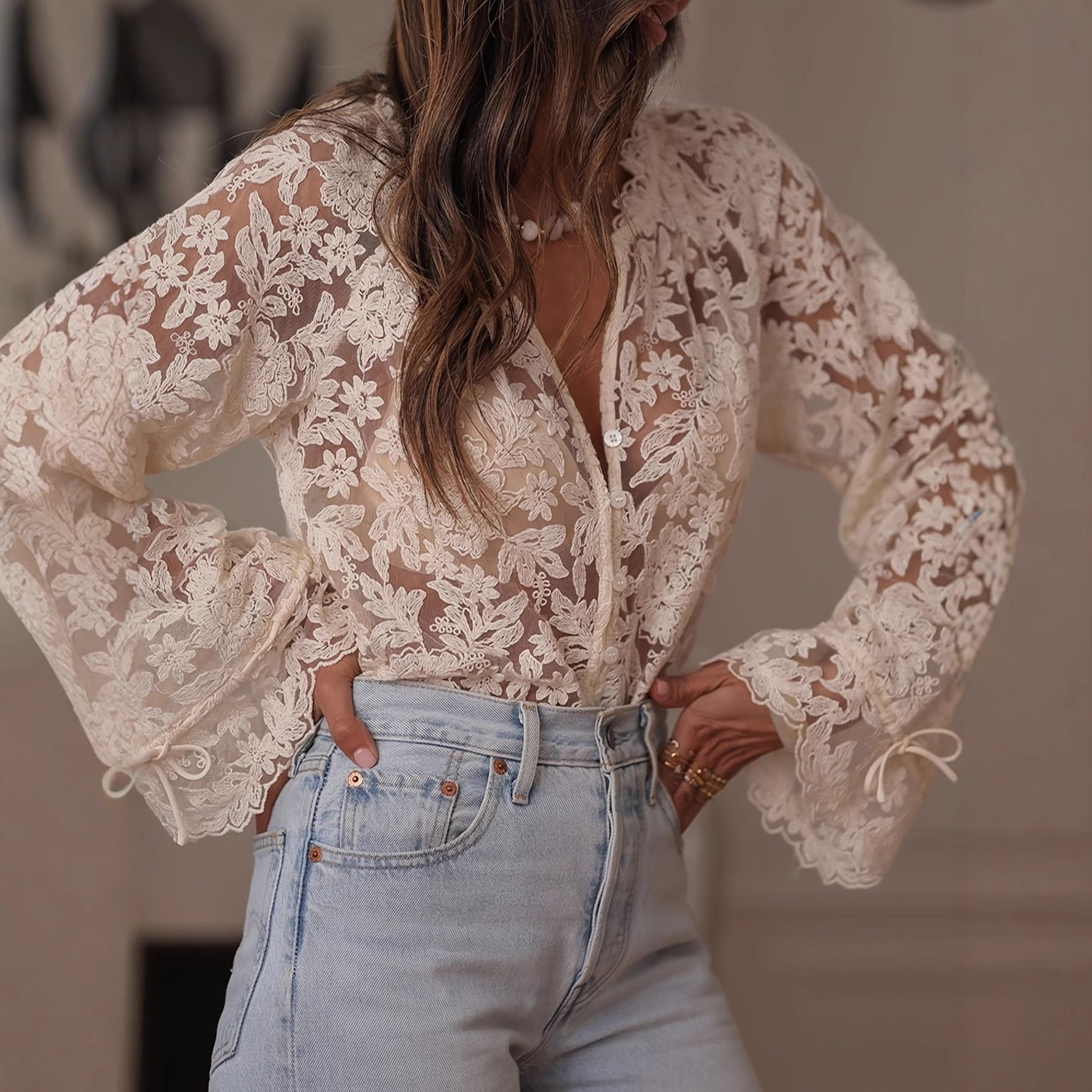 European and American Cross-Border 2025 Japanese and Korean Export Women's Clothing Korean Style New Cut Out Casual Lace Shirt Lace Shirt for Women