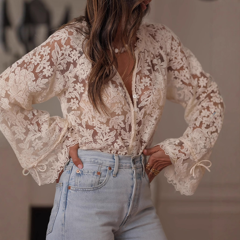 European and American Cross-Border 2025 Japanese and Korean Export Women's Clothing Korean Style New Cut Out Casual Lace Shirt Lace Shirt for Women