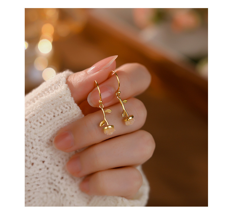 Rose Drop Earrings In Pure Silver For Women Forest Style Studs_voghion.com