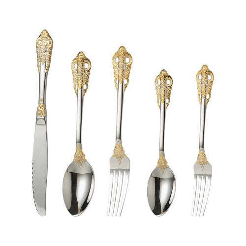 Baichuan four-piece set of 316 stainless steel tableware, palace-style gold-plated embossed pattern, five-piece knife, fork, spoon, dessert fork