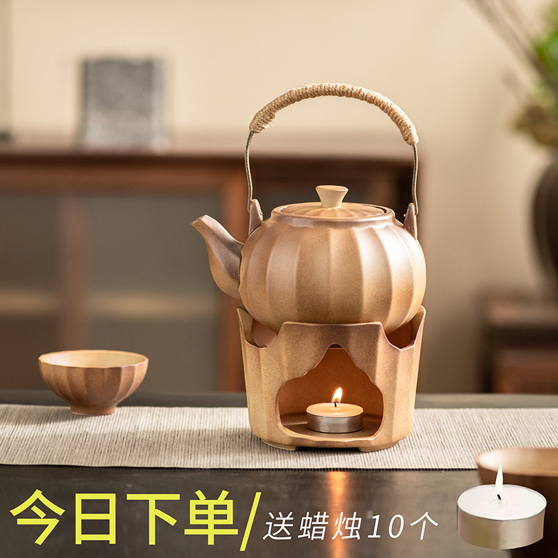 Crude Pottery Boiling Teapot Encircled Stove Boiling Teapot with Fire Candle and Candle Simple Warm Tea Set Outdoor Teapot