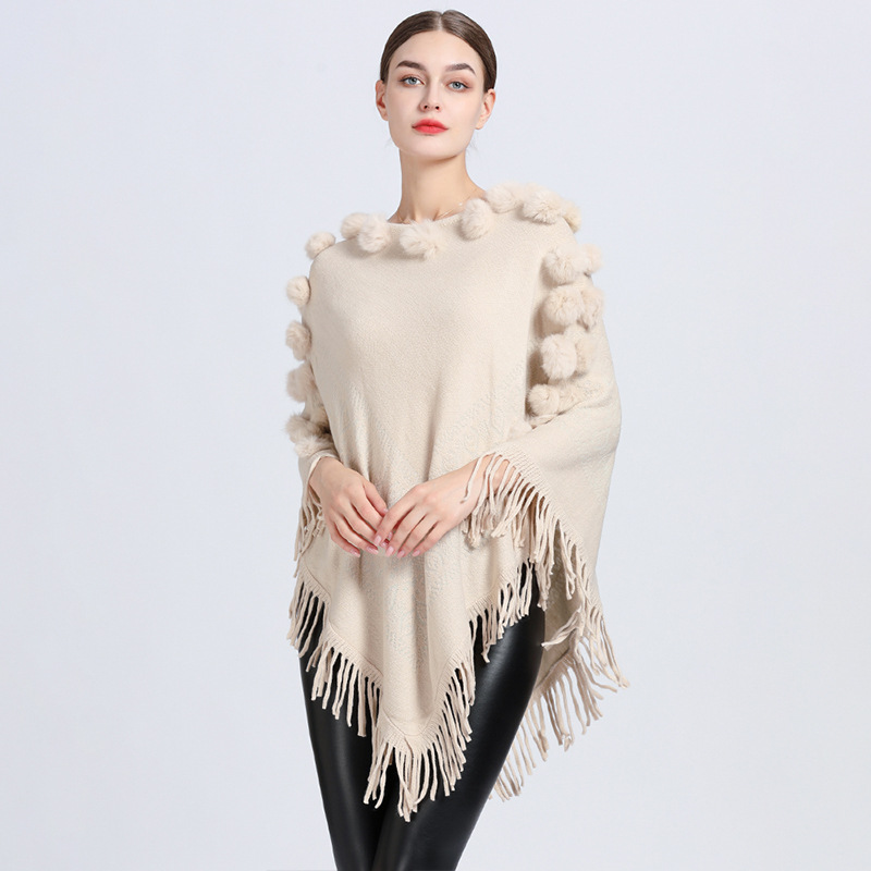 Cape à pompon en poils de lapin pour femme, pull à col rond_voghion.com