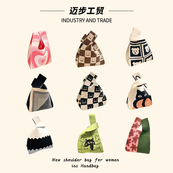New Ins Internet Trendy Handbag Women's Knitted Wool Bucket Bag Hand Carrying Casual Tote Bag Lunch Bag All-match