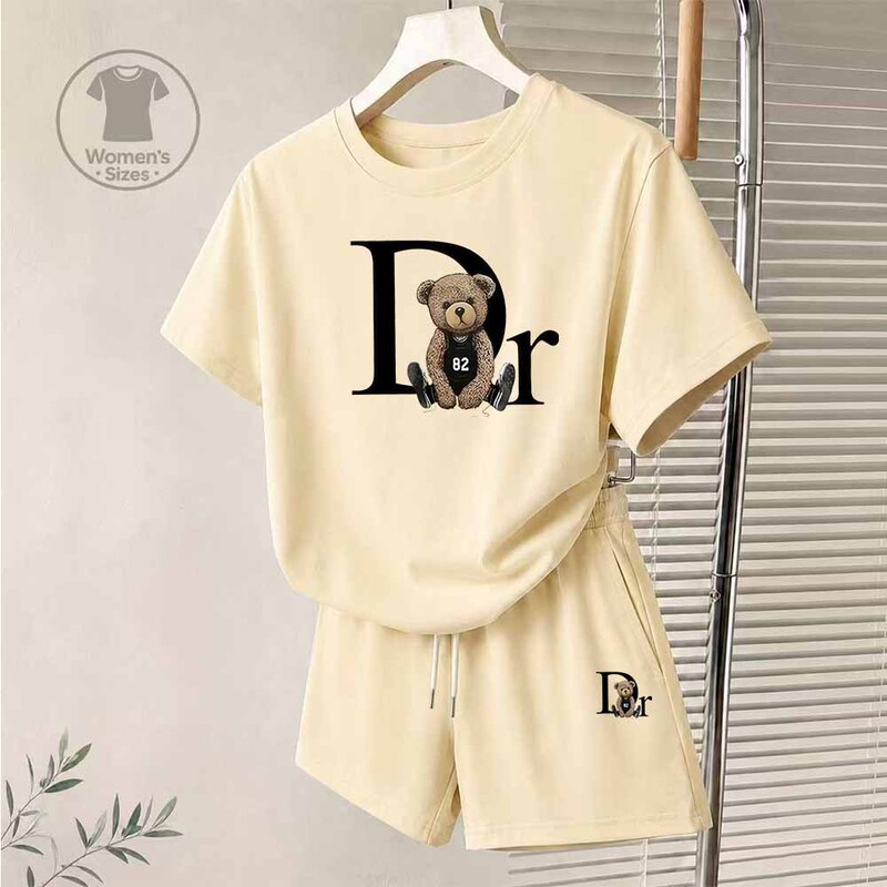 2026 Cross-Border Bear Print Short-Sleeved Shorts Casual Sports Suit for Women Slimming Loose Korean Style Student Two-Piece Set