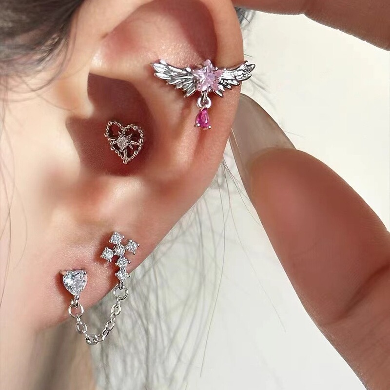Sweet Cool Spice Girl Double Ear Hole Chain Cross Ear Bone Nail Aurora Titanium Steel Ear Nail Sleep Free Women's Earrings