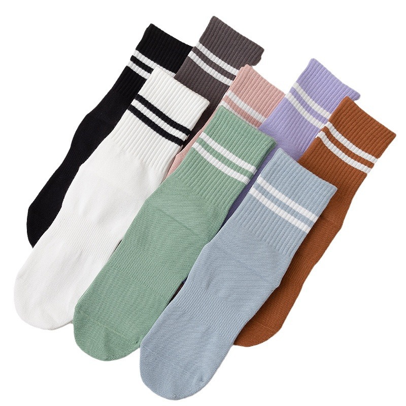 Calcetines de Pilates para mujer, calcetines deportivos de yoga de dos rayas a media pantorrilla, calcetines de suelo profesionales antideslizantes para adultos