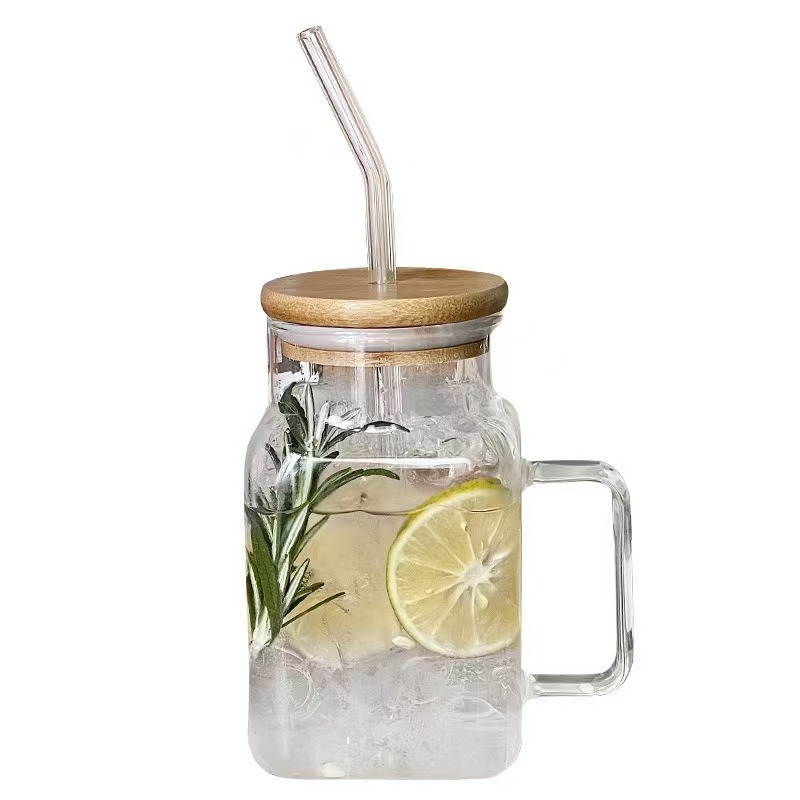 Nuevo producto Taza de paja cuadrada especial Vaso de vidrio con tapa de borosilicato Taza de jugo Gran capacidad y mango de alto valor