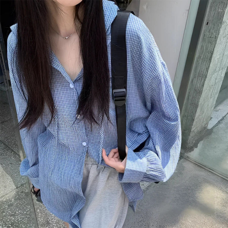 跨境韩系蓝色格子连帽防晒衬衫女秋季薄款宽松休闲慵懒风减龄上衣|undefined
