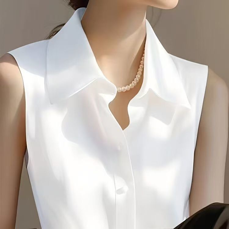 French Style Gentle Style Satin POLO Collar Sleeveless Vest Shirt Women's Spring and Summer New All-match Casual Elegant Base Shirt