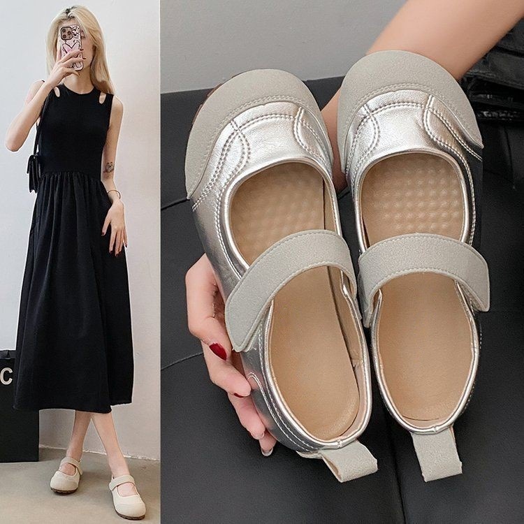 Women’s Soft Leather Mary Jane Ballet Flats With Velcro Strap_voghion.com