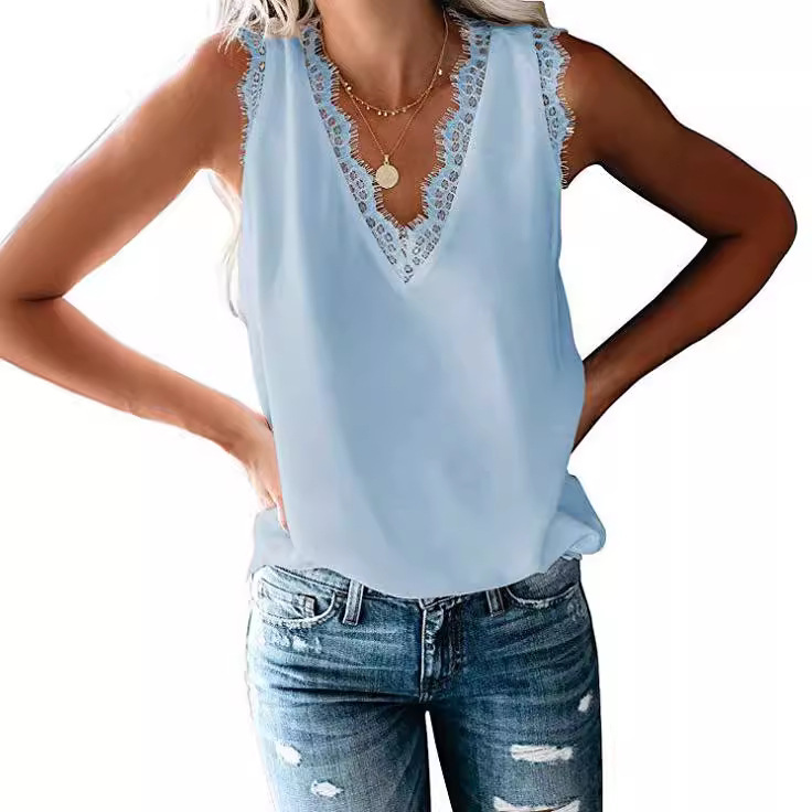 Amazon 2020 Summer cross-border solid color lace V-neck sleeveless women's top T plus size chiffon vest