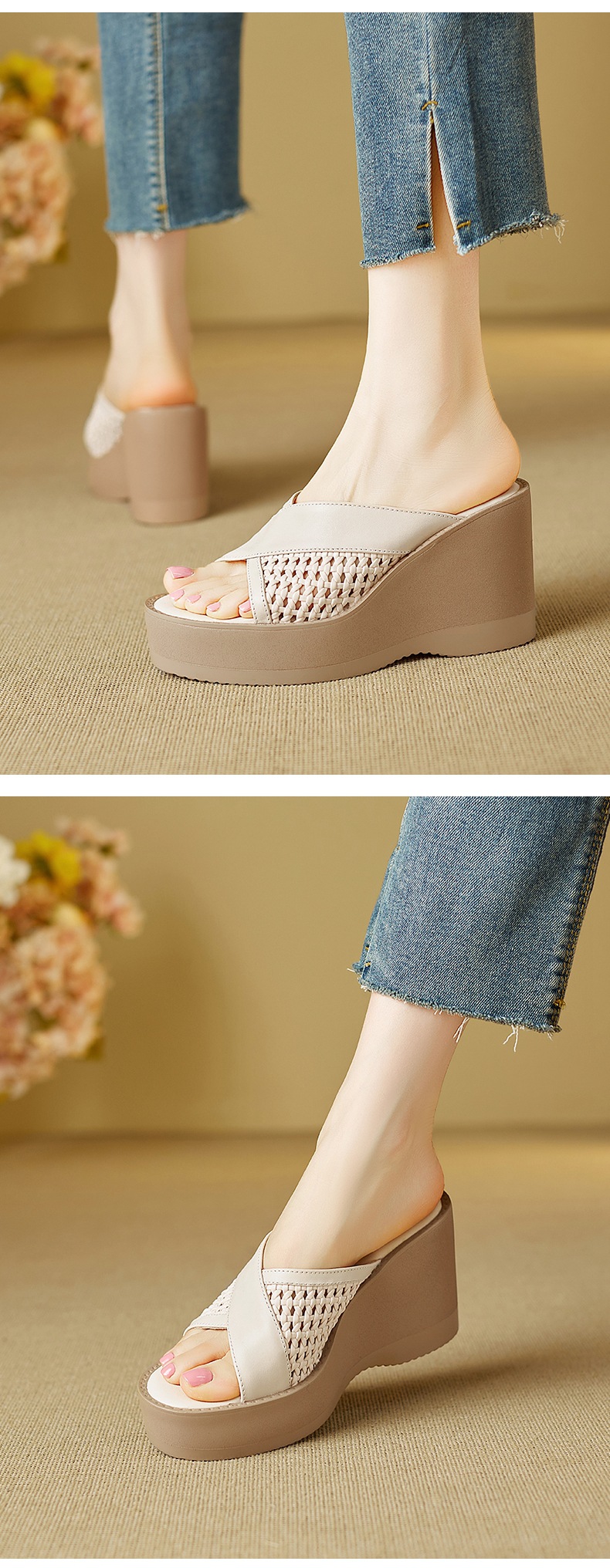Sandal cao gót nữ mũi cá dày đế xuồng, chất liệu da bò đầu, thiết kế đan rỗng quai ngang — đen chi tiết 7