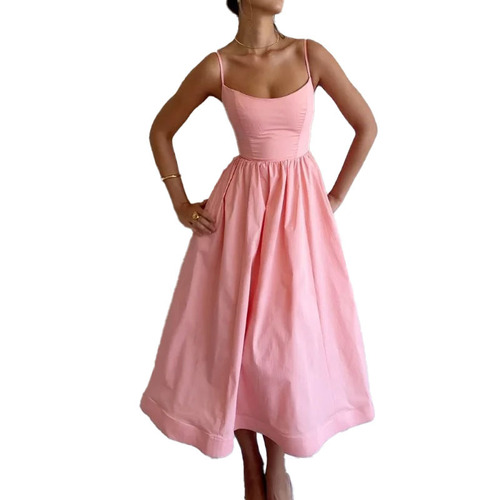 Elegant Women's Spring Dress 2025 Solid Color Sexy U-Neck Waist Cinching Pleated Strap Flowy Dress