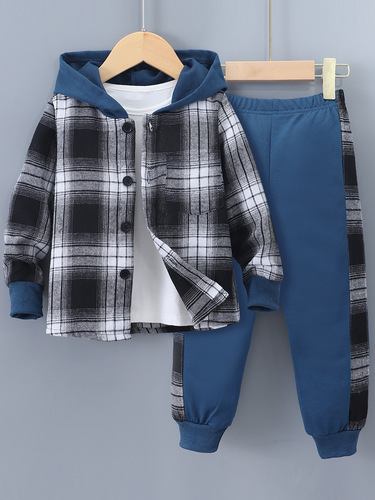 Cross-border Bestseller: Boys' Autumn/Winter New Long-Sleeved Plaid Color-Block Hooded Two-Piece Set (Top + Pants)