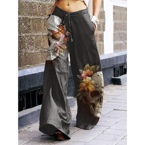 2025 Western and Eastern Halloween Skull Print Women's Casual Pants Wide Leg Pants
