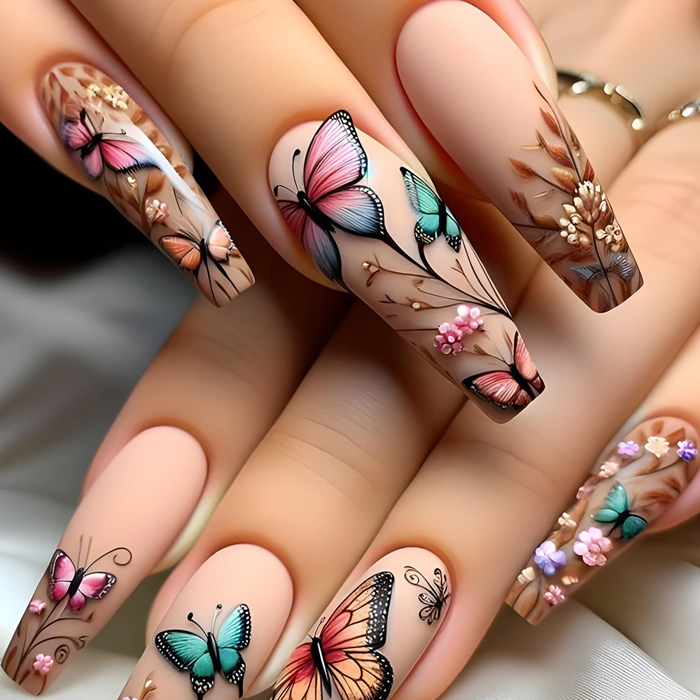 Uñas falsas en relieve violeta Uñas de ballet largas Uñas transfronterizas de venta caliente 3D mariposa Uña