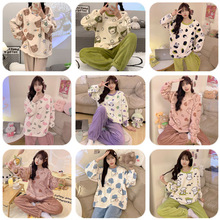 冬季珊瑚绒长袖长裤法兰绒少女式睡衣冬季厚绒套头圆领家居