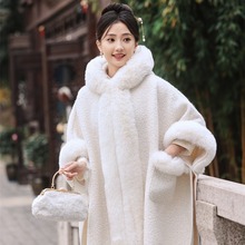 2023冬季新款古风披肩大毛领格纹外套加厚保暖大口袋斗篷外搭现货