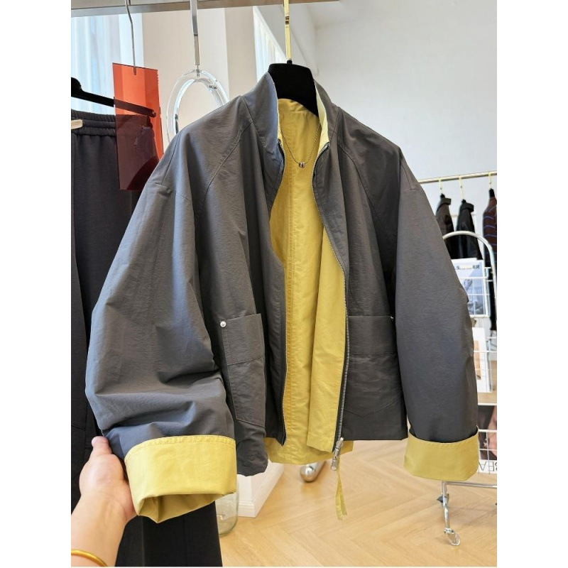 Korean High-End Contrasting Color Reversible Stand-Up Collar Casual Workwear Jacket for Women in Autum, Super Nice Short Windbreaker Jacket