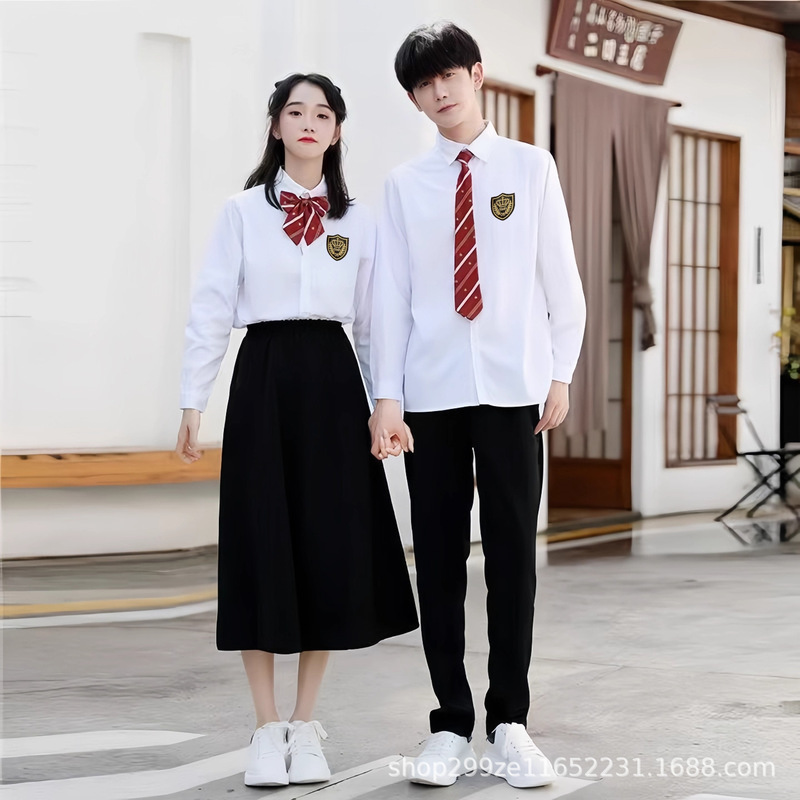 College Style Student White Shirt Class Uniform Chorus Poetry Recitation Performance Dress Long-Sleeved Shirt Long Skirt Suit