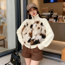 秋冬季刺绣貂毛拼接立领拉链毛衣外套女新款气质重工针织开衫上衣