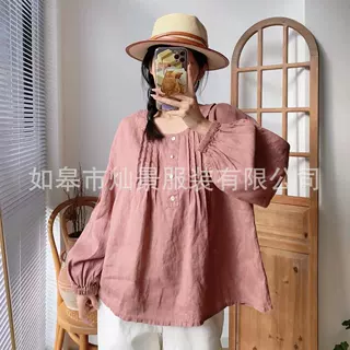 新款日系小圆领亚麻宽松衬衫显瘦百搭文艺女装森系田园复古上衣