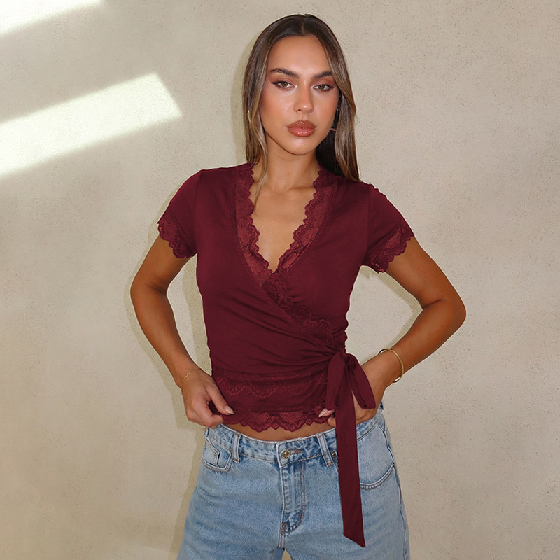 Amazon Cross-Border European and American Women's Clothing New Lace Trim V-Neck Slim-Fit Short-Sleeve Fashion Casual T-Shirt Top Amazon Cross-Border European and American Women's Clothing New Lace Trim V-Neck Slim-Fit Short-Sleeve Fashion Casual T-Shirt Top
