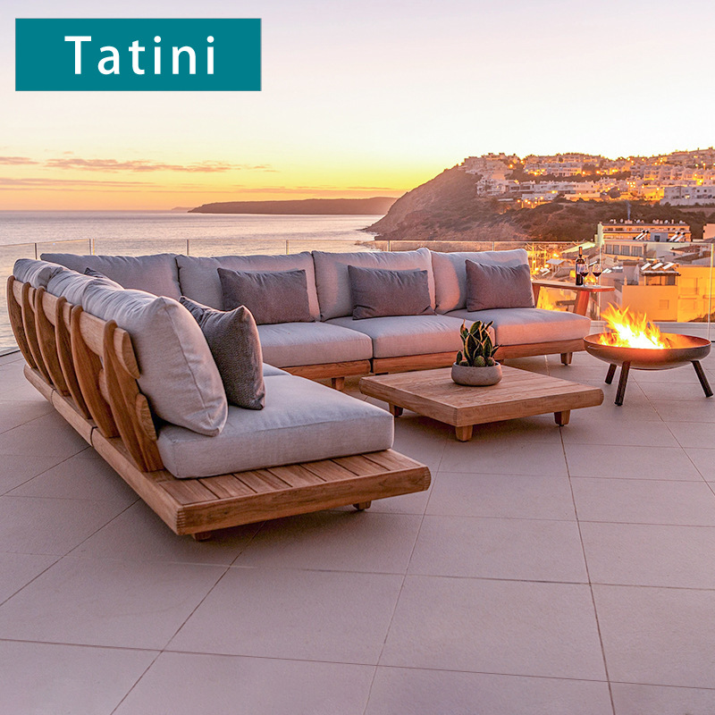 Sofá al aire libre patio villa al aire libre impermeable protección solar muebles de teca combinación de jardín al aire libre terraza sofá de madera maciza