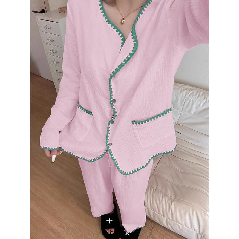 温柔少女撞色棉纱睡衣女春秋2025新款韩系大码长袖长裤家居服套装|undefined