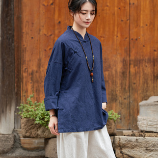 Original retro cotton and linen women's clothing sand wash distressed cardigan Hanfu stand collar buckle Chinese style shirt Zen style women's top