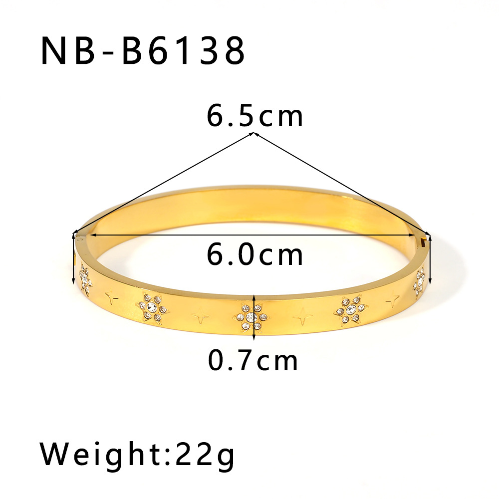 C Shape, Pentagram, Leaf, Round, Moon Pattern IG Style Round 304 Stainless Steel Zircon Bangle In Bulk
