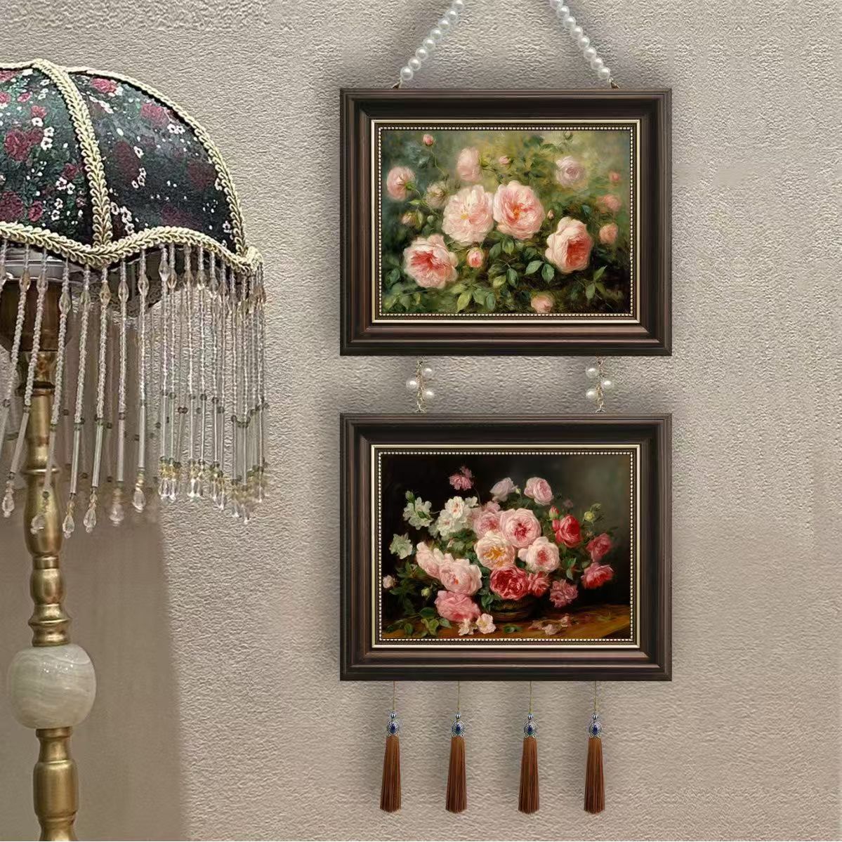 Two-Piece Peony American French Modern Photo Frame Decorative Painting Hanging Painting Living Room Dining Room European Style Bedside with Bead Chain