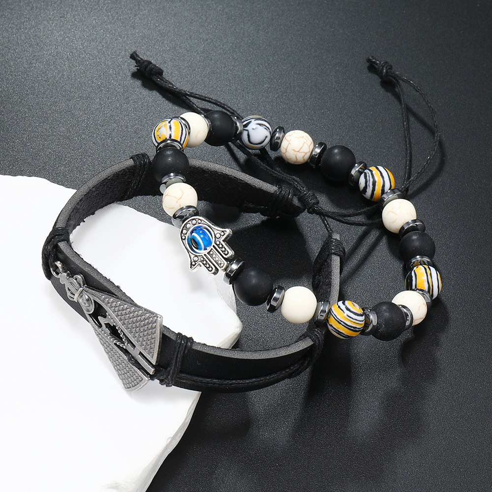 Retro Palm Pu Leather Tiger Eye Obsidian Unisex Bracelets display picture 12