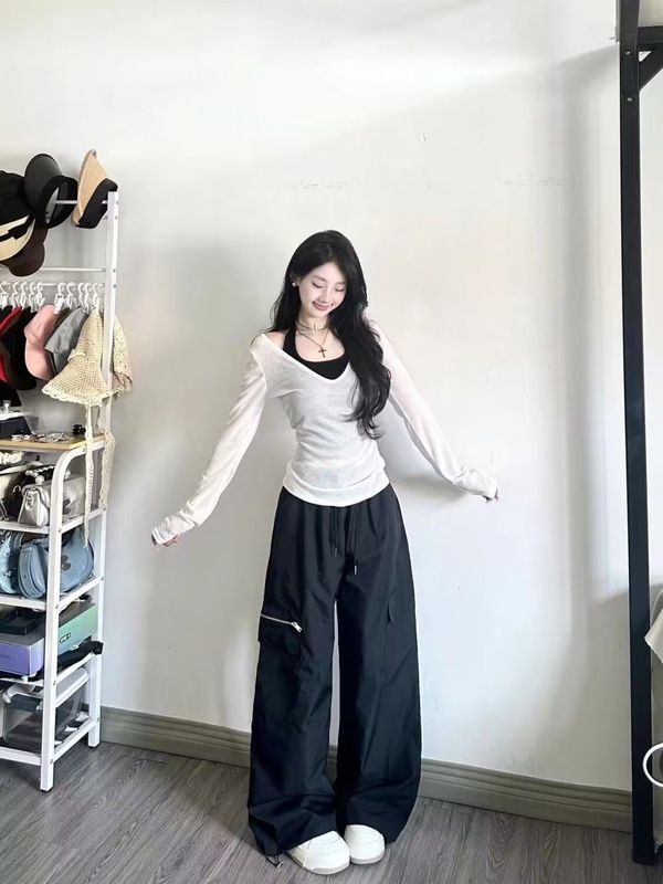 三件套女2025秋季纯欲风辣妹防晒长袖罩衫上衣吊带背心高腰阔腿裤|undefined