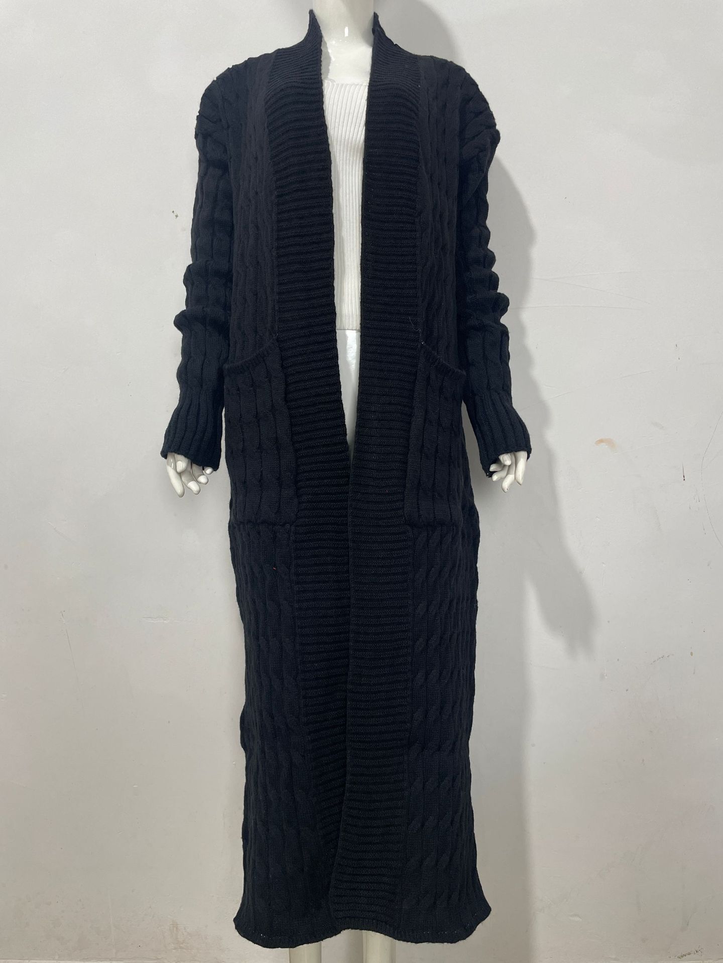 Damen-Strickjacke mit langen Ärmeln, einfarbig, langer Pullover, dicker Mantel_voghion.com