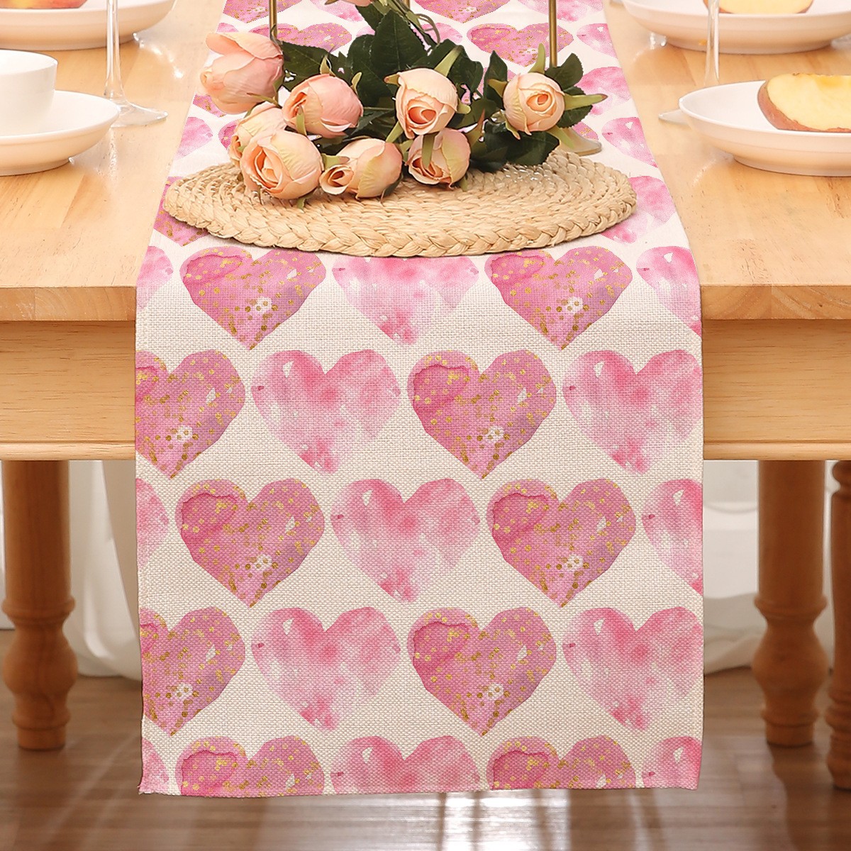 Camino de mesa temático de San Valentín para decoración transfronteriza, mantel rojo estampado de Amazon, decoración de restaurante, estilo nórdico, decoración del hogar, tira larga